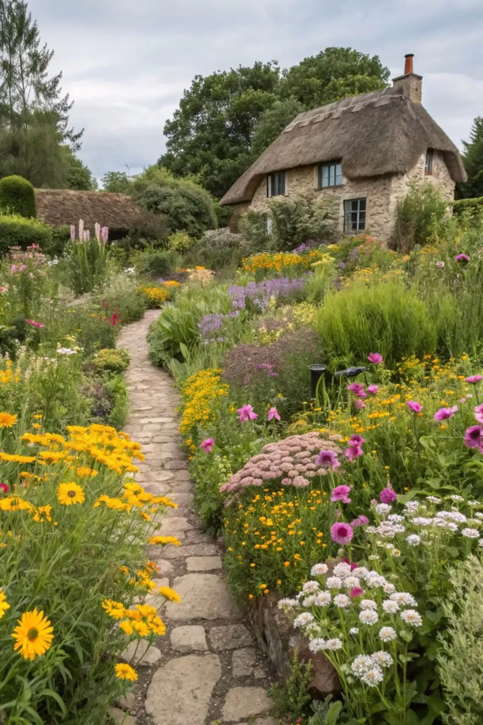 A stone path through a flowering cottage border to a thatched house